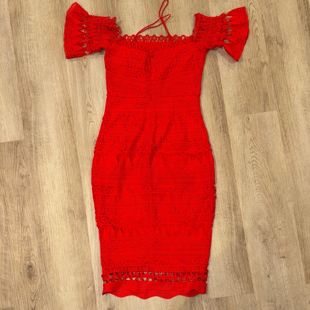 SAYLOR Vibrant Red Lace Midi Dress